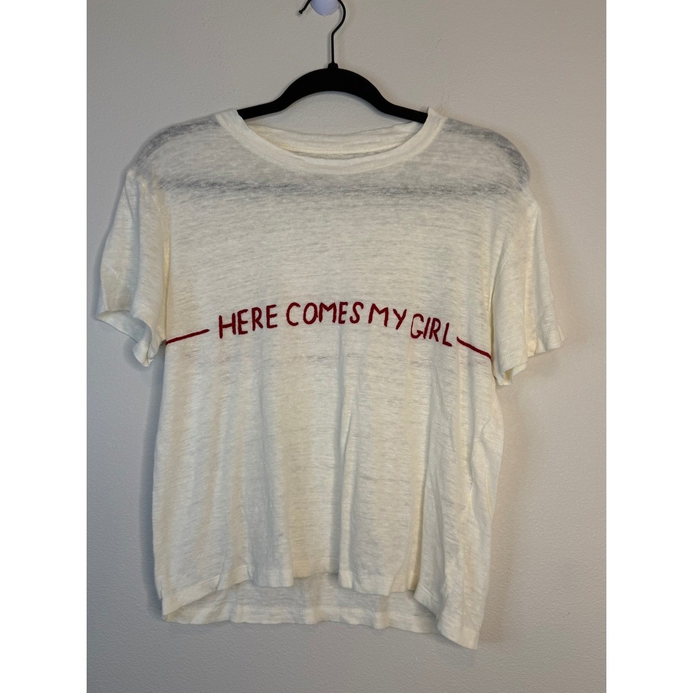Anthropologie Banner Day Here Comes My Girl Embroidered Linen Tee Ivory Size‎ XS
